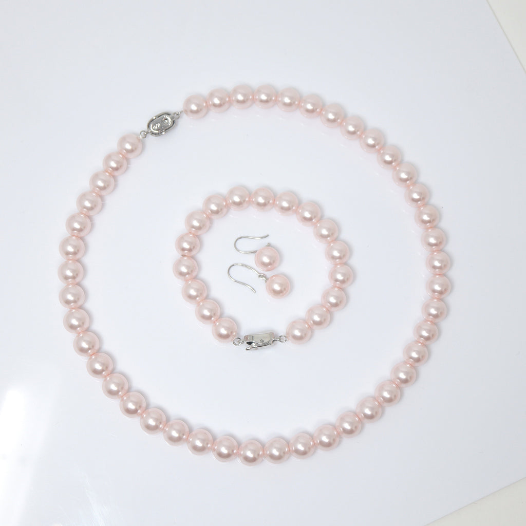 10mm Light Pink Faux Pearl Necklace Earring And Bracelet Set, Bridal Jewelry, Bridal Earrings And Necklace, Statement Earrings Necklace Set.