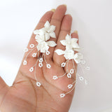 White Flower Floral Vine Earrings, Long Bridal Jewelry Bridal Earrings Crystal Bridal Earrings Statement Earrings Cz