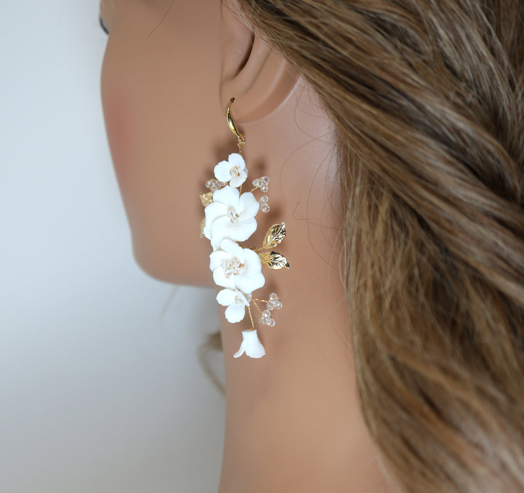 Porcelain Ceramic White Flower Sparkling Crystal Long Bridal Jewelry Crystal Bridal Earrings Statement Earrings Cz