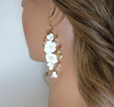 Porcelain Ceramic White Flower Sparkling Crystal Long Bridal Jewelry Crystal Bridal Earrings Statement Earrings Cz