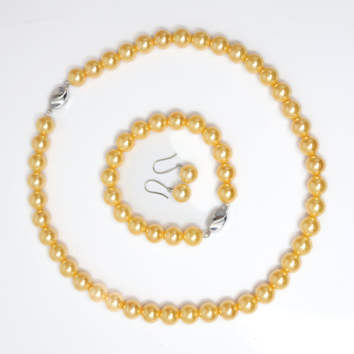 10mm Yellow Faux Pearl Necklace Earring And Bracelet Set, Bridal Jewelry, Bridal Earrings And Necklace, Statement Earrings Necklace Set.