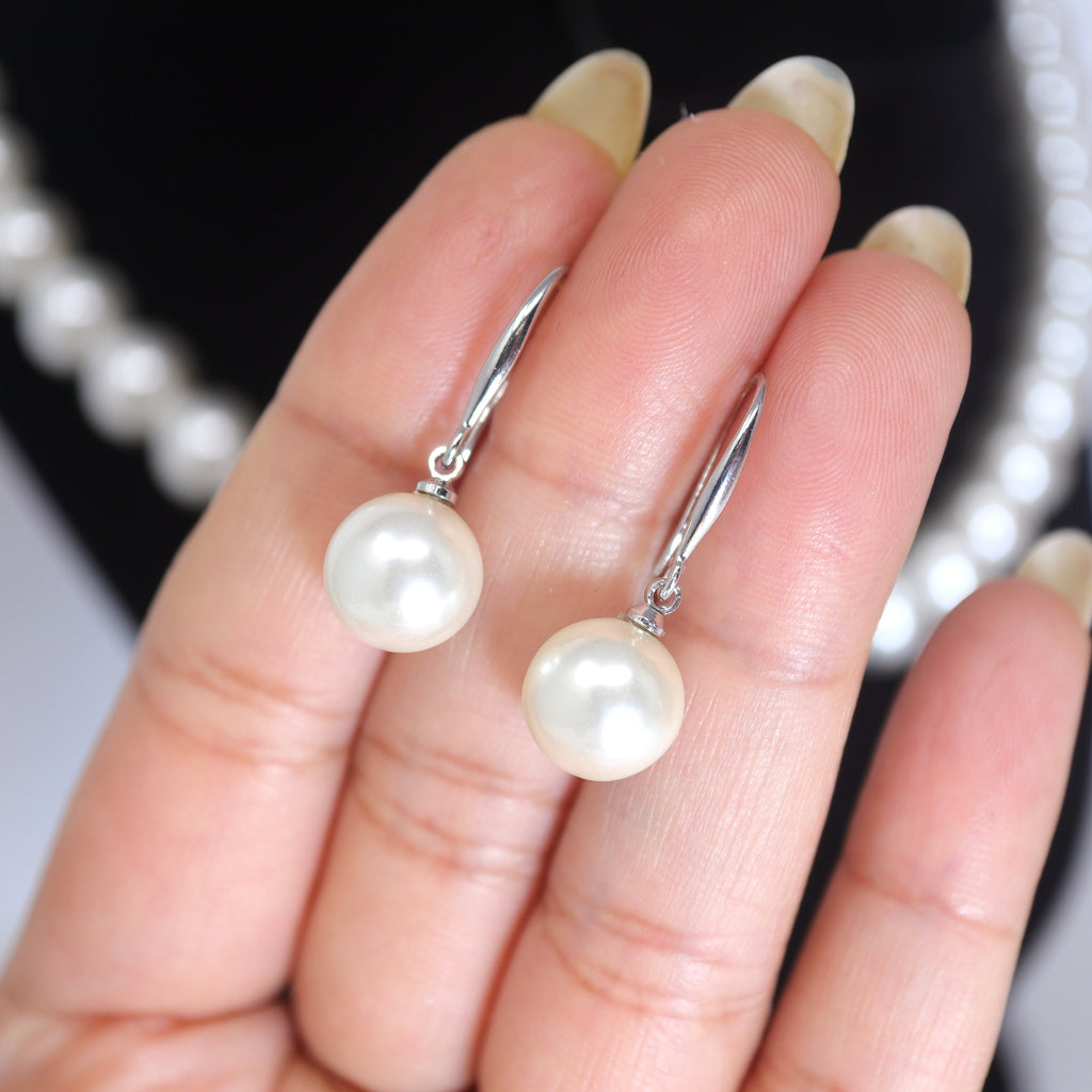 10mm White Faux Pearl Necklace Earring And Bracelet Set, Bridal Jewelry, Bridal Earrings And Necklace, Statement Earrings Necklace Set.