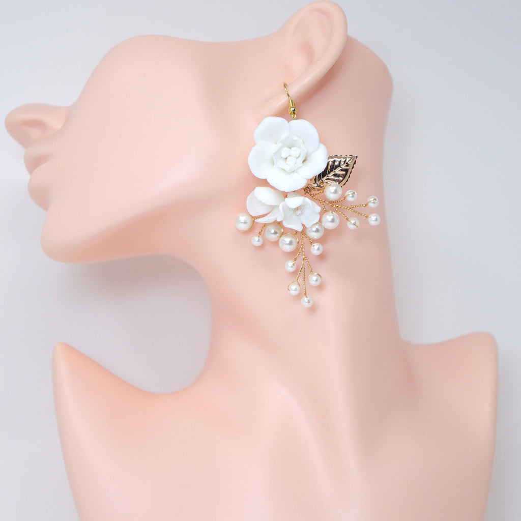 Ceramic White Rose floral Pearl Vine Bridal Earring, Bridal Earrings, Dangle earring, Natural Cultured Pearl Earring