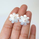 2 in1 Natural Freshwater Pearls With Mother Of Pearl Carved Flower Earrings, Bridal Stud Earrings Pearl Stud Statement Earrings