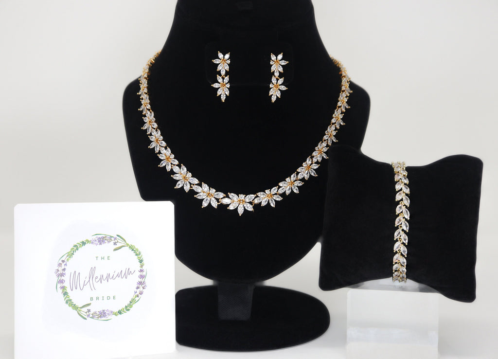 Diamond/ Swarovski Crystal Elegant Floral Vine Necklace Set, Long Bridal Jewelry Set, Crystal Bridal Earrings, Statement Earrings