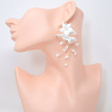 White Flower Floral Vine Earrings, Long Bridal Jewelry Bridal Earrings Crystal Bridal Earrings Statement Earrings Cz