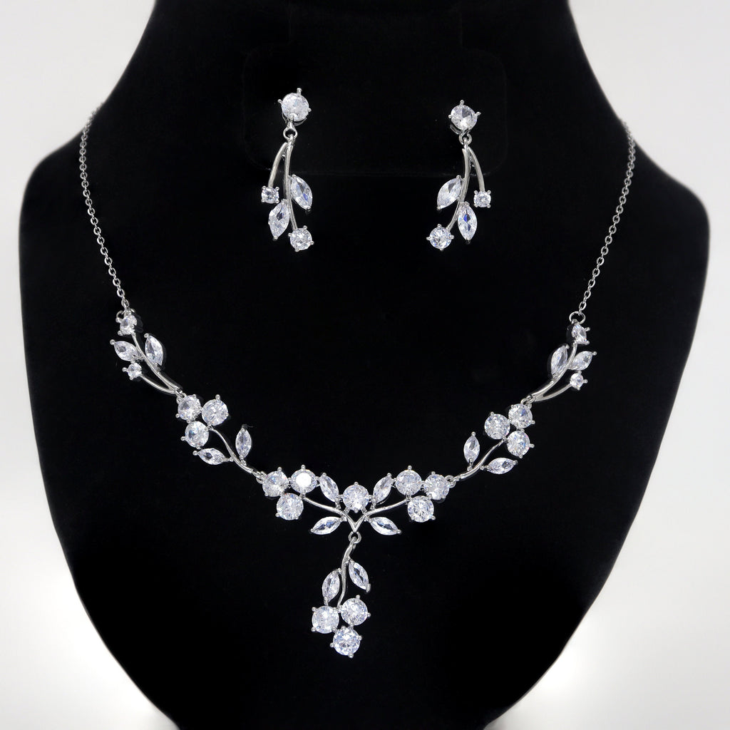 Swarovski Crystal Floral Three Petal Leaves Bridal Earrings And Necklace, Crystal Bridal Earrings, Statement Earrings Cz Necklace Set.