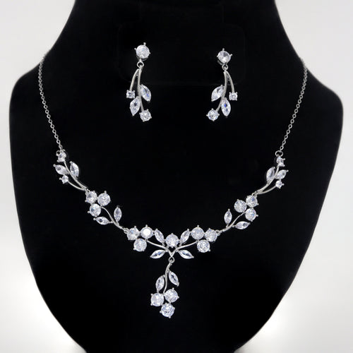 Swarovski Crystal Floral Three Petal Leaves Bridal Earrings And Necklace, Crystal Bridal Earrings, Statement Earrings Cz Necklace Set.