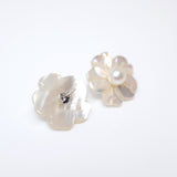 Natural Freshwater Pearls With Mother Of Pearl Carved Flower Earrings, Bridal Jewelry Bridal Stud Earrings Pearl Stud Statement Earrings