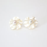 Natural Freshwater Pearls With Mother Of Pearl Carved Flower Earrings, Bridal Jewelry Bridal Stud Earrings Pearl Stud Statement Earrings