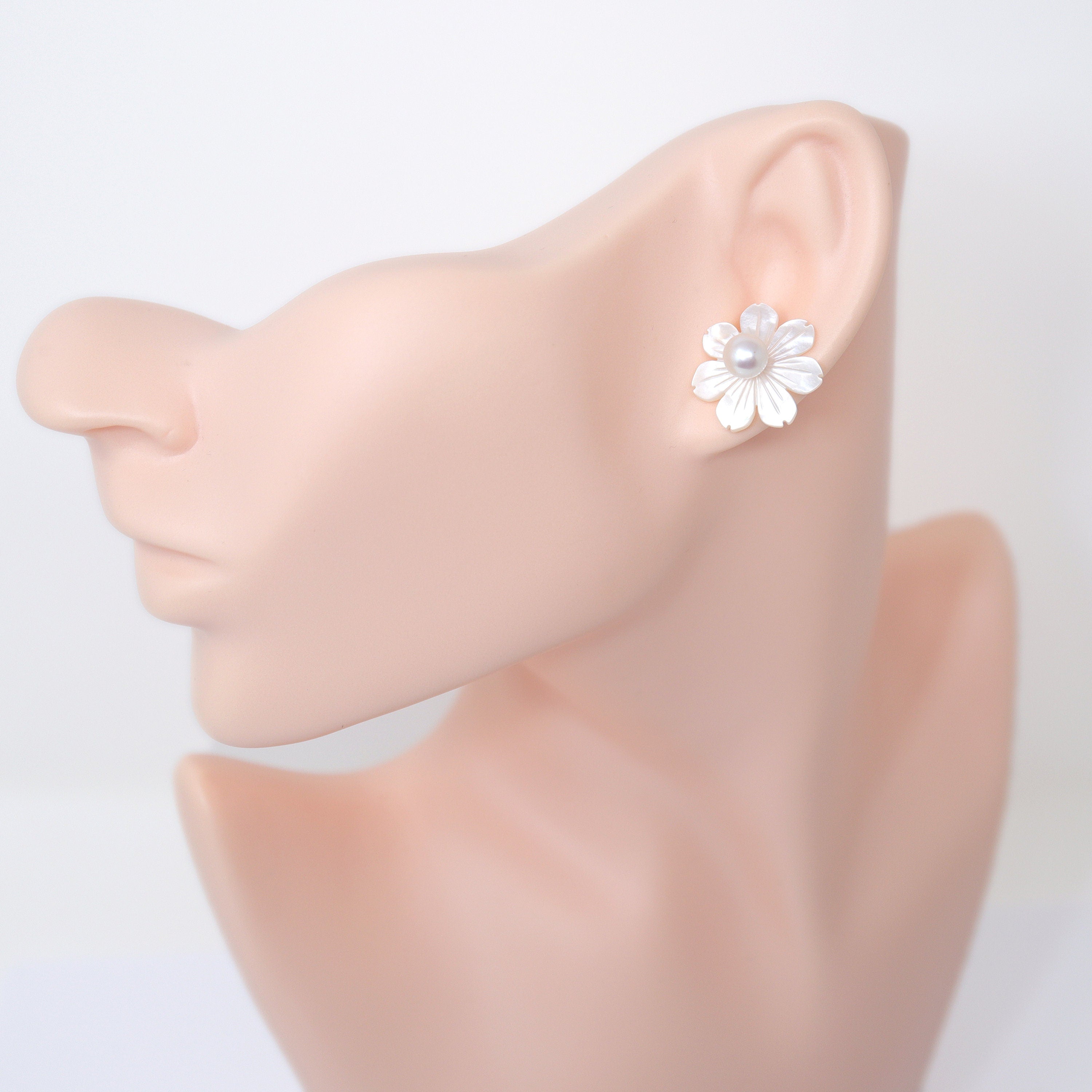 2 in1 Natural Freshwater Pearls With Mother Of Pearl Carved Flower Earrings, Bridal Stud Earrings Pearl Stud Statement Earrings