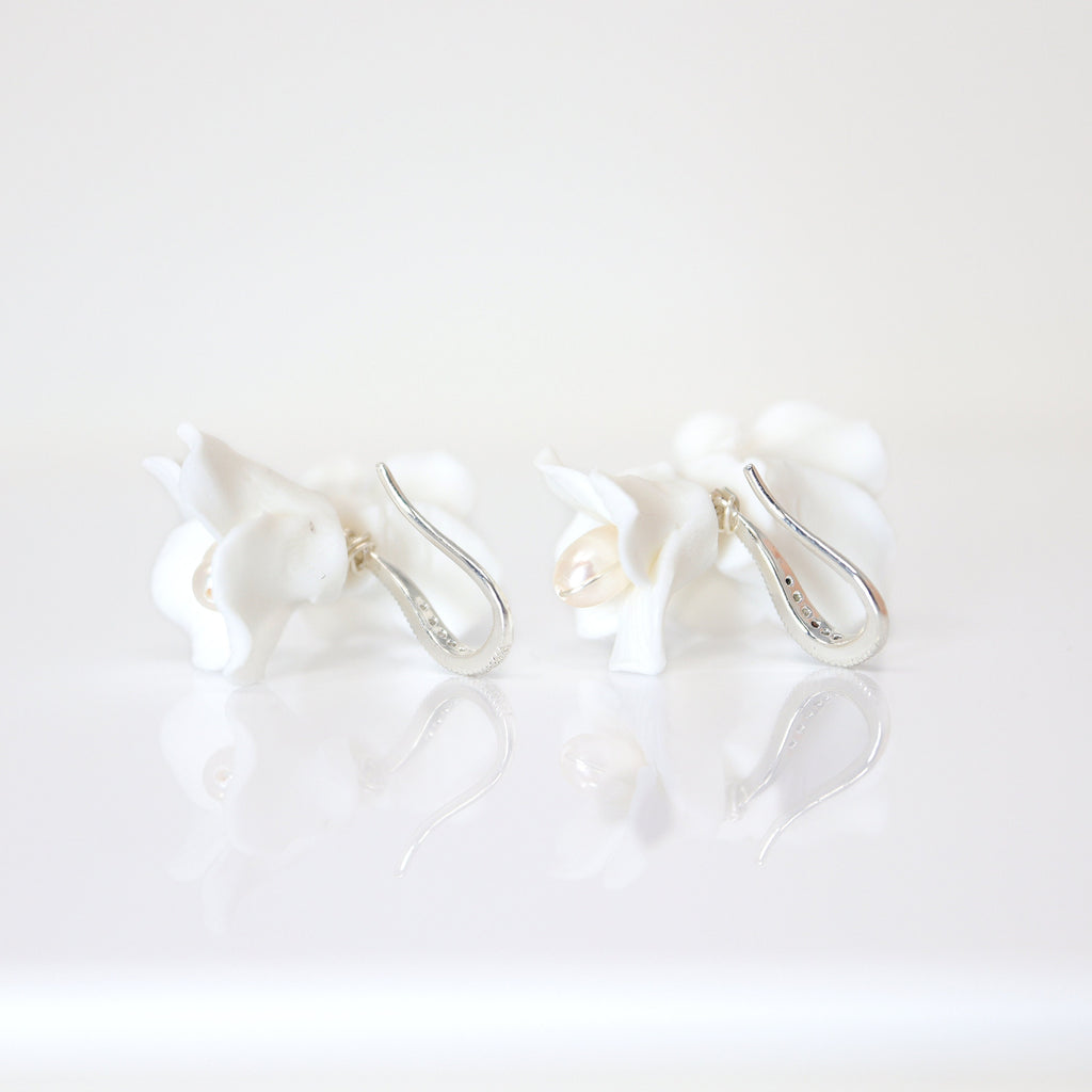 Freshwater Cultured Pearl Ceramic White Two Flower Hook Rhinestone Earrings, Long Bridal Earring, Pearl Bridal Earrings, Statement Earrings.
