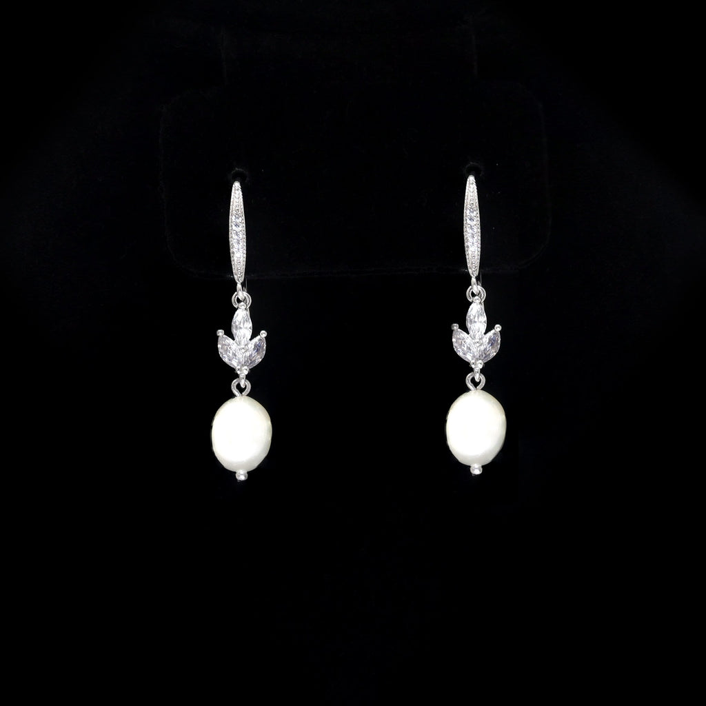 Swarovski Crystal Freshwater Natural Pearl Vine Leaves Necklace Set, Long Bridal Earrings And Necklace, Statement Earrings Cz