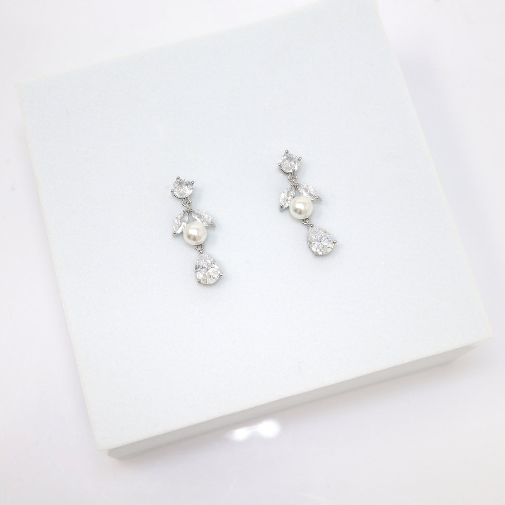 Swarovski Crystal Enchanting Floral Pearl Leaves Necklace Set, Long Bridal Jewelry, Bridal Earrings And Necklace, Statement Earrings Cz.