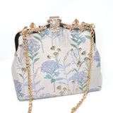 Blue Floral Shimmering Gold Embroidered Fabric Lavender Floral Bridal Wedding Bag, Statement Bag, Evening Wedding Clutch, Cross Body Bag