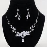 Swarovski Crystal Two Flower Vine Leaves Necklace, Long Bridal Jewelry, Bridal Earrings And Necklace, Statement Earrings Cz Necklace Set.