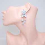 Pink and Blue Opal Vine Leaves Necklace set , Long Bridal Jewelry Crystal Necklace Bridal Earrings Statement Earrings