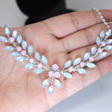 Pink and Blue Opal Vine Leaves Necklace set , Long Bridal Jewelry Crystal Necklace Bridal Earrings Statement Earrings