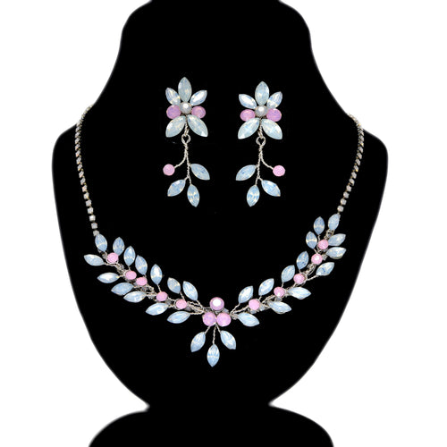 Pink and Blue Opal Vine Leaves Necklace set , Long Bridal Jewelry Crystal Necklace Bridal Earrings Statement Earrings