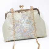 Shiny Cream Beige Gold Embroidered Blue Rose Floral Wedding Bag, Statement Bag, Evening Clutch, Bridal Clutch, White Cross Body Bag