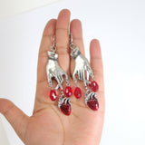 Bloody Red heart In Hands Halloween Earrings, Long Halloween Earrings, Scary Statement earrings.