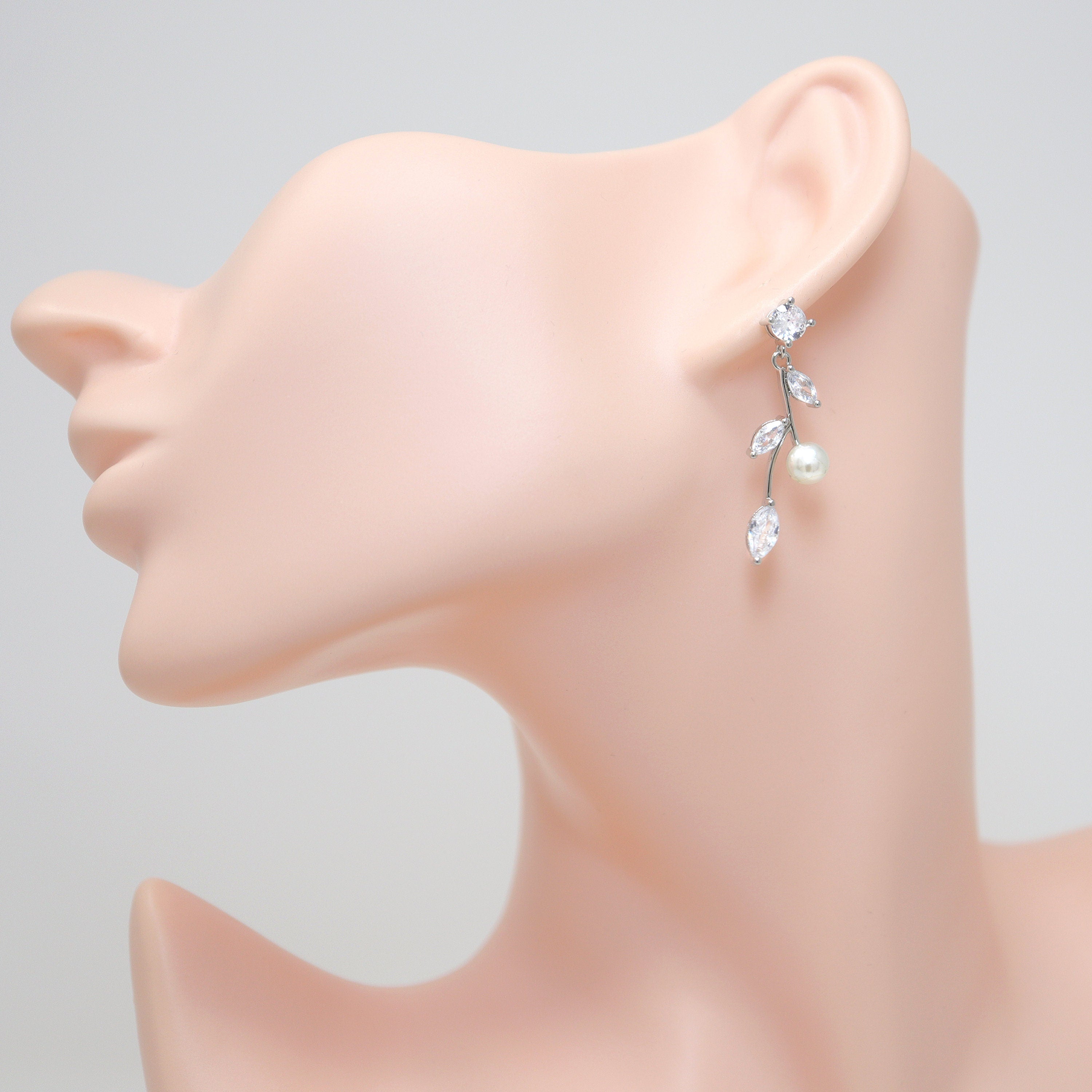 CZ Pearl Bloom Floral Vine Leaves Bridal Necklace Set, Long Bridal Jewelry, Bridal Earrings And Necklace, Statement Earrings Necklace Set.