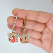 Golden Holiday Bow Red Drop Christmas Themed earrings, Red Gold Christmas Earrings Statement Christmas earrings.