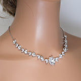 CZ Cascading Dreams: Silver Floral Vine Necklace with Pearl Drops, Bridal Necklace Set, Bridal Jewelry, Statement Necklace