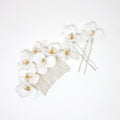 Ceramic White Flowers Freshwater Pearl Gold Hair comb And Hair Pins Set, Bridal Hair piece, Bridal Hair Accessories, Wedding Hair Accessory.