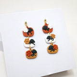 Gold Orange Floral Elegant Pumpkin Drop Halloween Clay Earrings, Long Halloween Earrings, Scary Statement earrings.