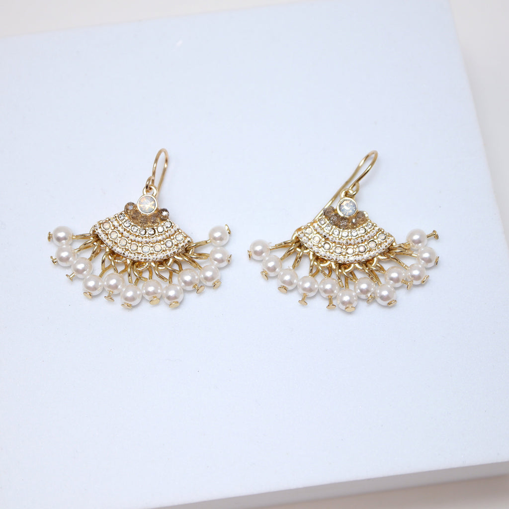 Gold Opal Faux Pearl Drop Boho Bridal Earrings, Crystal Bridal Earrings, Statement Earrings Czrovski Crystal-Encrusted