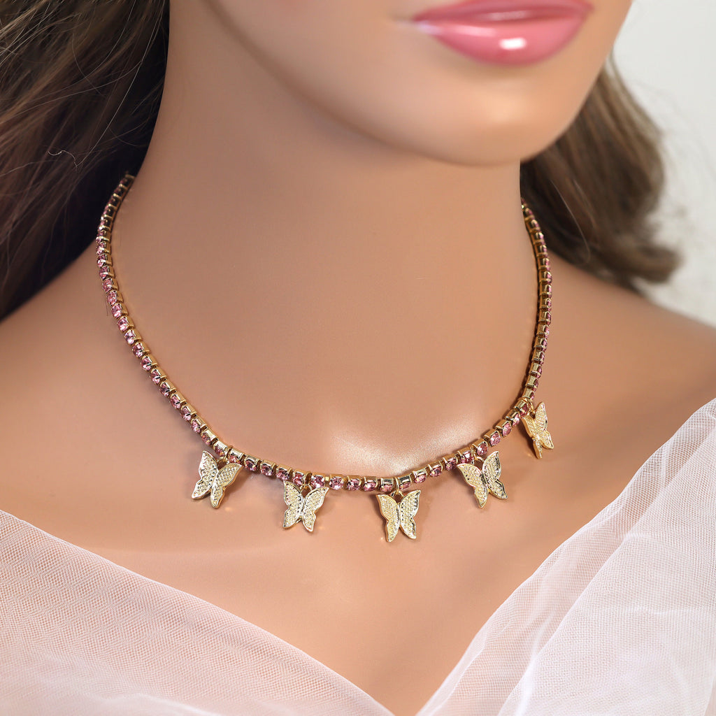 Gold Pink Rhinestone Butterfly Choker Necklace• Butterfly Drop Necklace • Minimalist • Gold Butterfly Necklace