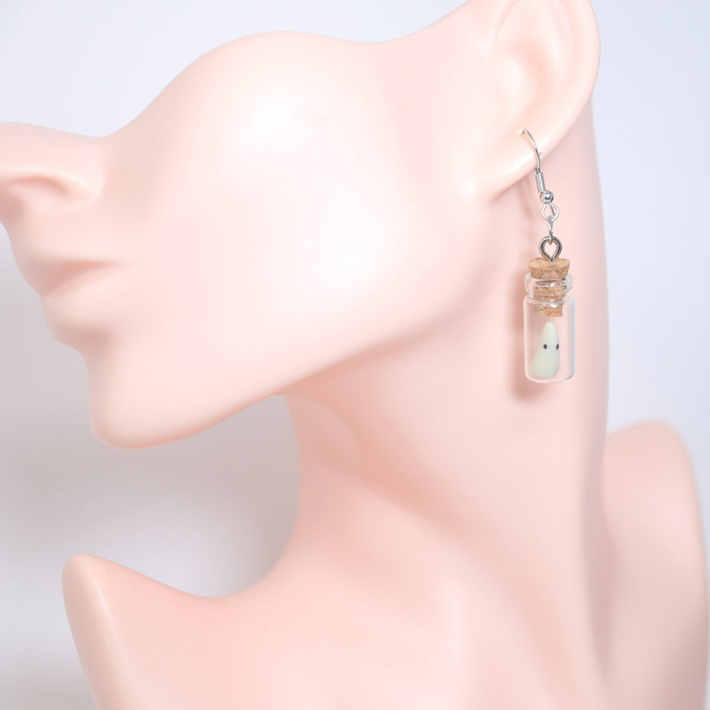 Glow In Dark White Ghost In A Glass Jar Halloween Earrings, Long Halloween Earrings, Scary Statement earrings.