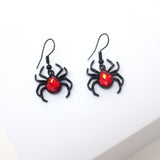 Rhinestone Red Black Spider Halloween Earrings, Long Halloween Earrings, Scary Statement earrings.