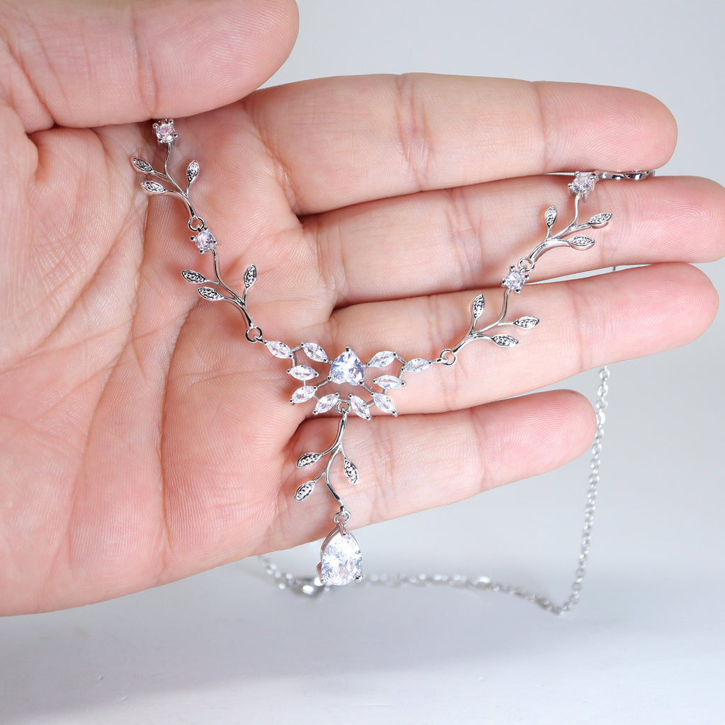 Ethereal Flower Blossom CZ Necklace and Earrings Set, Long Bridal Jewelry, Bridal Earrings And Necklace, Statement Earrings Cz Necklace Set.