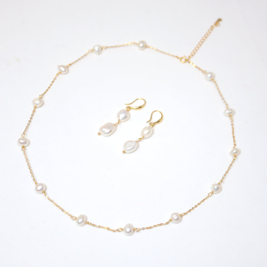 14k Gold Plated Real Natural Pearl Bezels Necklace set , Long Bridal Jewelry, Dainty Pearl Necklace Bridal Earrings Statement Earrings