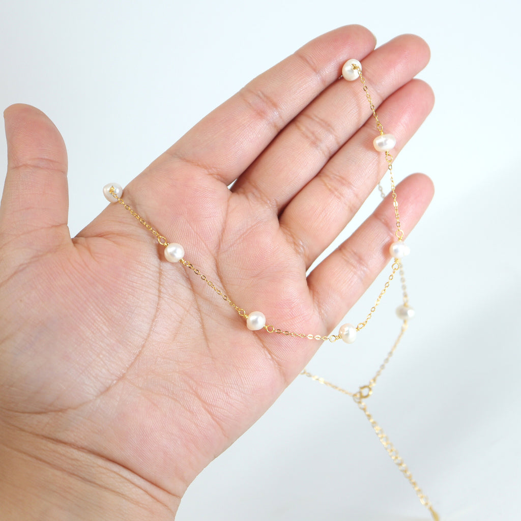 14k Gold Plated Real Natural Pearl Bezels Necklace set , Long Bridal Jewelry, Dainty Pearl Necklace Bridal Earrings Statement Earrings