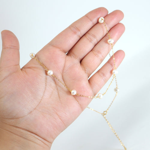 14k Gold Plated Real Natural Pearl Bezels Necklace set , Long Bridal Jewelry, Dainty Pearl Necklace Bridal Earrings Statement Earrings
