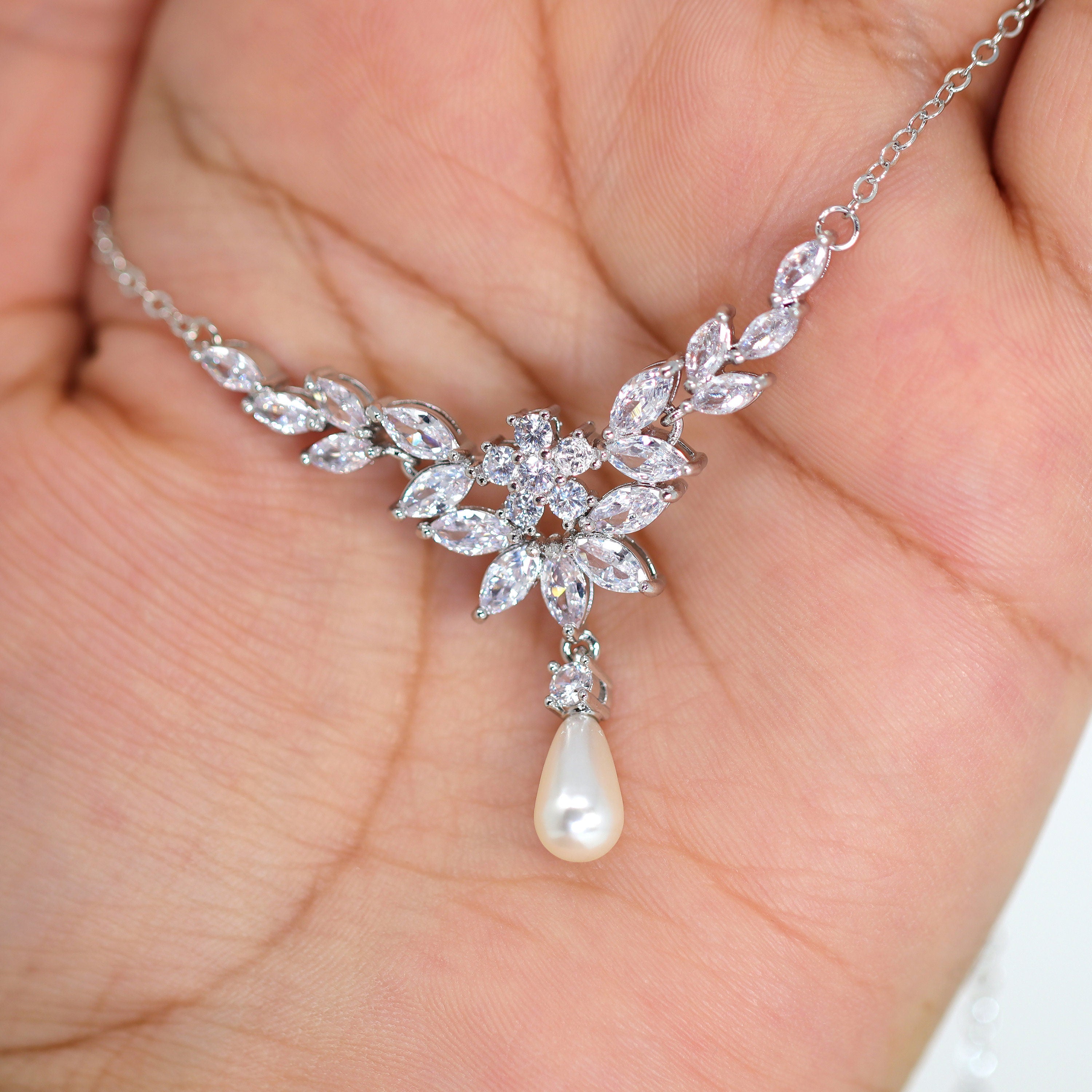 Swarovski Crystal Faux Pearl Drop Vine Leaves Necklace Set, Long Bridal Earrings And Necklace, Statement Earrings Cz