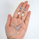 Swarovski Crystal Faux Pearl Drop Vine Leaves Necklace Set, Long Bridal Earrings And Necklace, Statement Earrings Cz