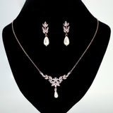 Swarovski Crystal Faux Pearl Drop Vine Leaves Necklace Set, Long Bridal Earrings And Necklace, Statement Earrings Cz
