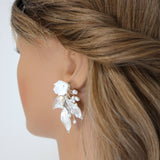 Natural Cultured Freshwater Pearl Ceramic White Flower Long Leaves Earrings, Long Bridal Jewelry Crystal Bridal Earrings Statement Earrings