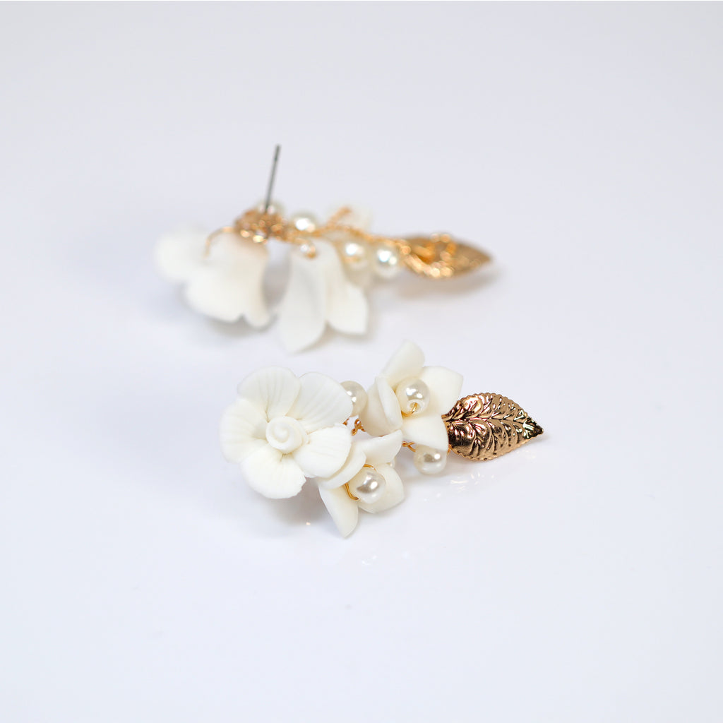 Ceramic Rosette White Flower Faux Pearl Vine Leaves Earrings, Long Bridal Jewelry Crystal Bridal Earrings Statement Earrings