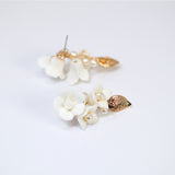 Ceramic Rosette White Flower Faux Pearl Vine Leaves Earrings, Long Bridal Jewelry Crystal Bridal Earrings Statement Earrings