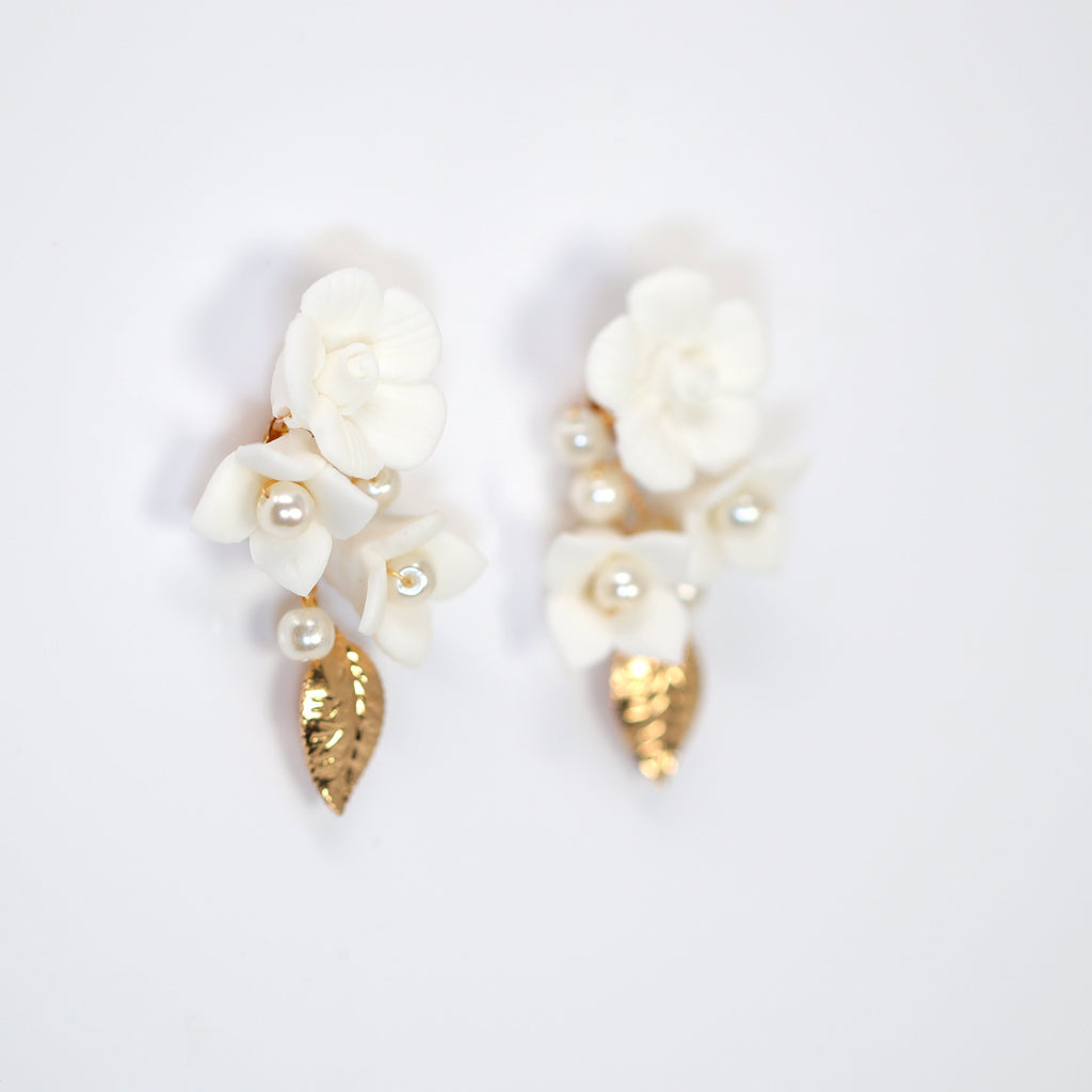 Ceramic Rosette White Flower Faux Pearl Vine Leaves Earrings, Long Bridal Jewelry Crystal Bridal Earrings Statement Earrings