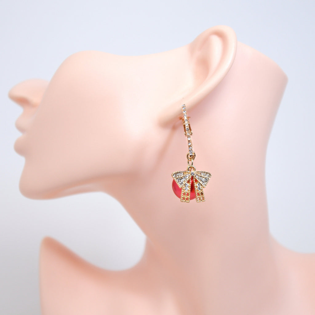 Golden Holiday Bow Red Drop Christmas Themed earrings, Red Gold Christmas Earrings Statement Christmas earrings.