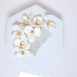 Ceramic White Flowers Freshwater Pearl Gold Hair comb And Hair Pins Set, Bridal Hair piece, Bridal Hair Accessories, Wedding Hair Accessory.