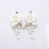 Pearl Dusted White Rose And Lily Blossom Earring , Bridal Ceramic Rose Earring, Bridal Hair Accessories, Wedding Earring.