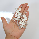 Swarovski Crystal Porcelain White Floral Dreams Vine Leaves Earring Long Bridal Jewelry Opal Bridal Earrings Opal Statement Earrings