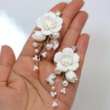 Pearl Dusted White Rose And Lily Blossom Earring , Bridal Ceramic Rose Earring, Bridal Hair Accessories, Wedding Earring.